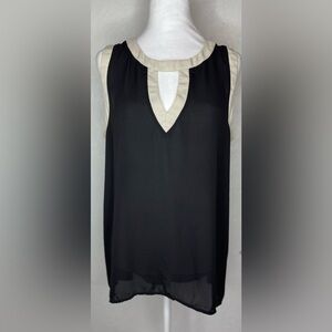 Metaphor Sleeveless Black Blouse with Beige Trim Keyhole Button Closure Sheer XL